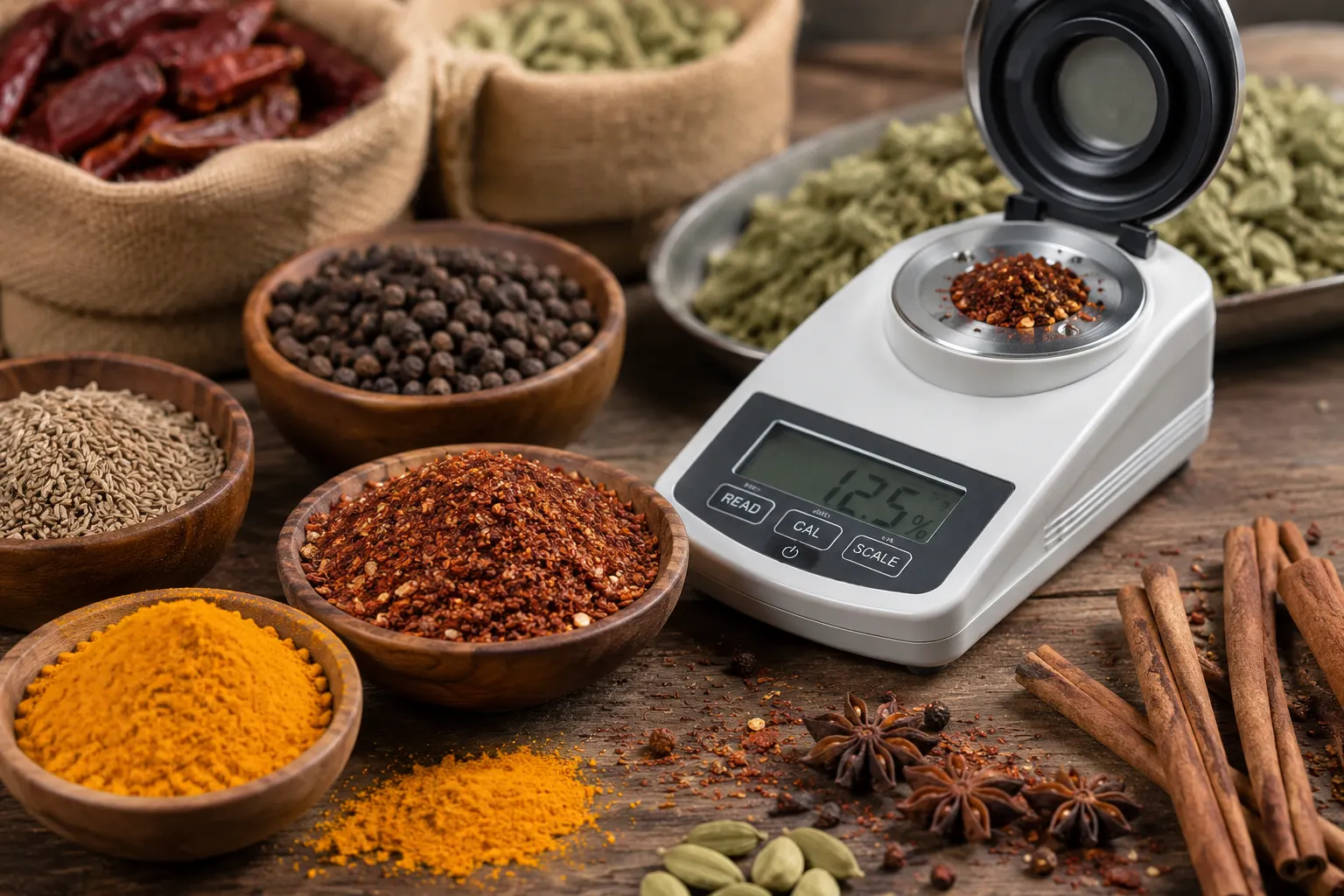 Various spice grades showing fine powders and whole seeds